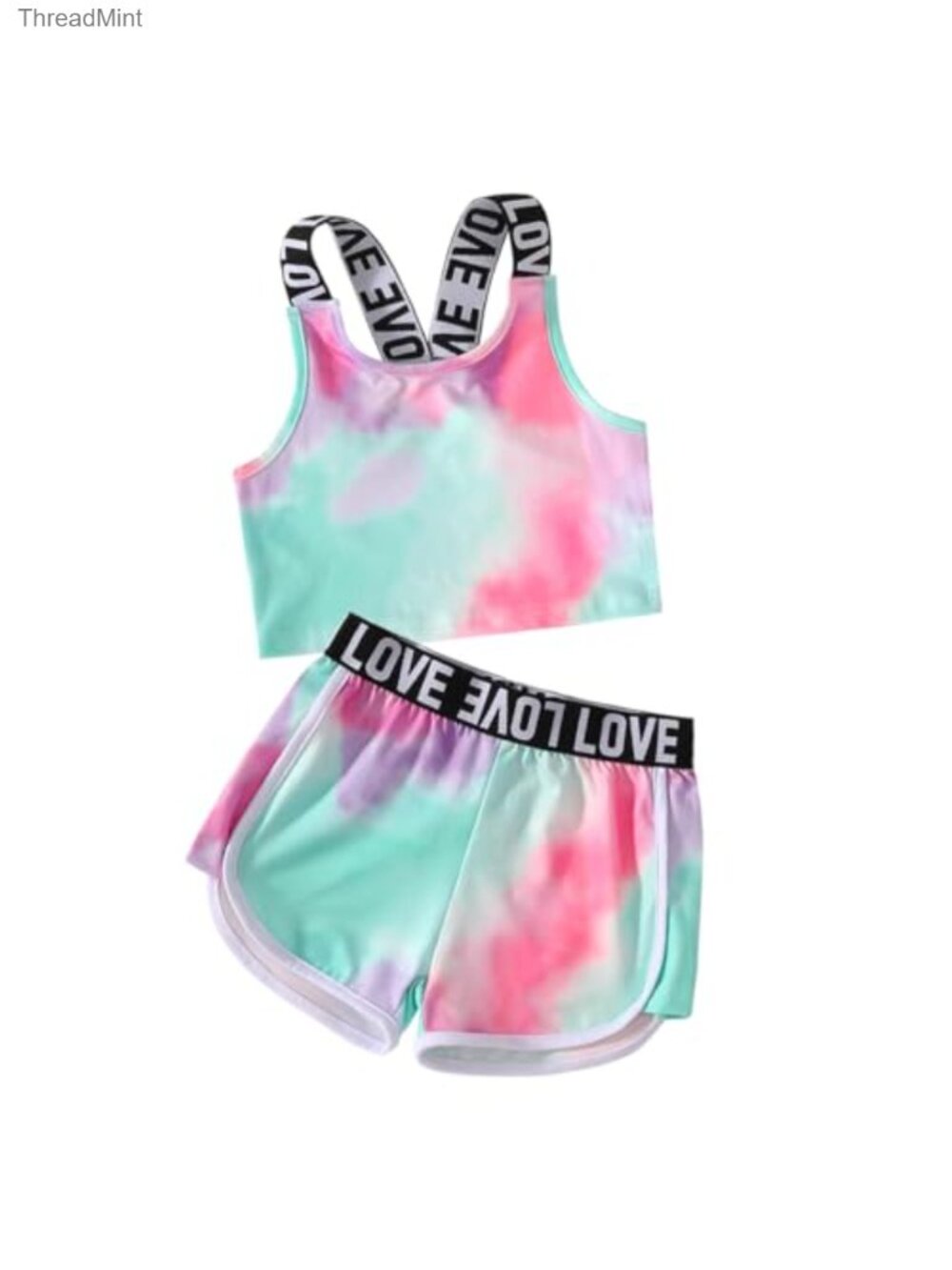 Kids 2-Piece Crop Tank & Track Shorts Summer Set with LOVE Letter Print Tie Dye